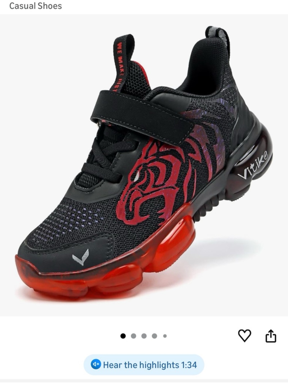 Amazon Kids' Black and Red Light-Up Tiger Graphic Sneakers